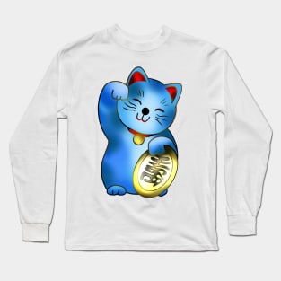 Blue maneki lucky cat with coin Long Sleeve T-Shirt